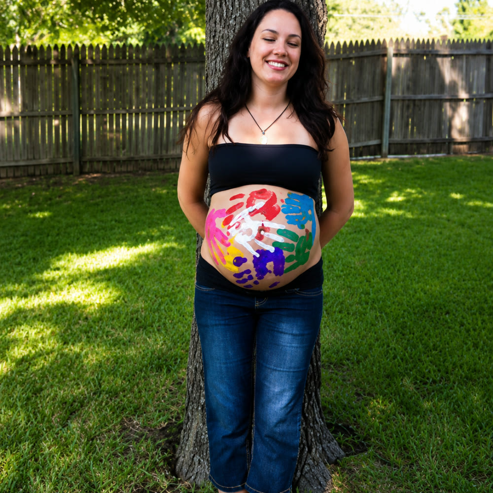 A birth and blessing ceremony portrait focused on a painted belly and new life