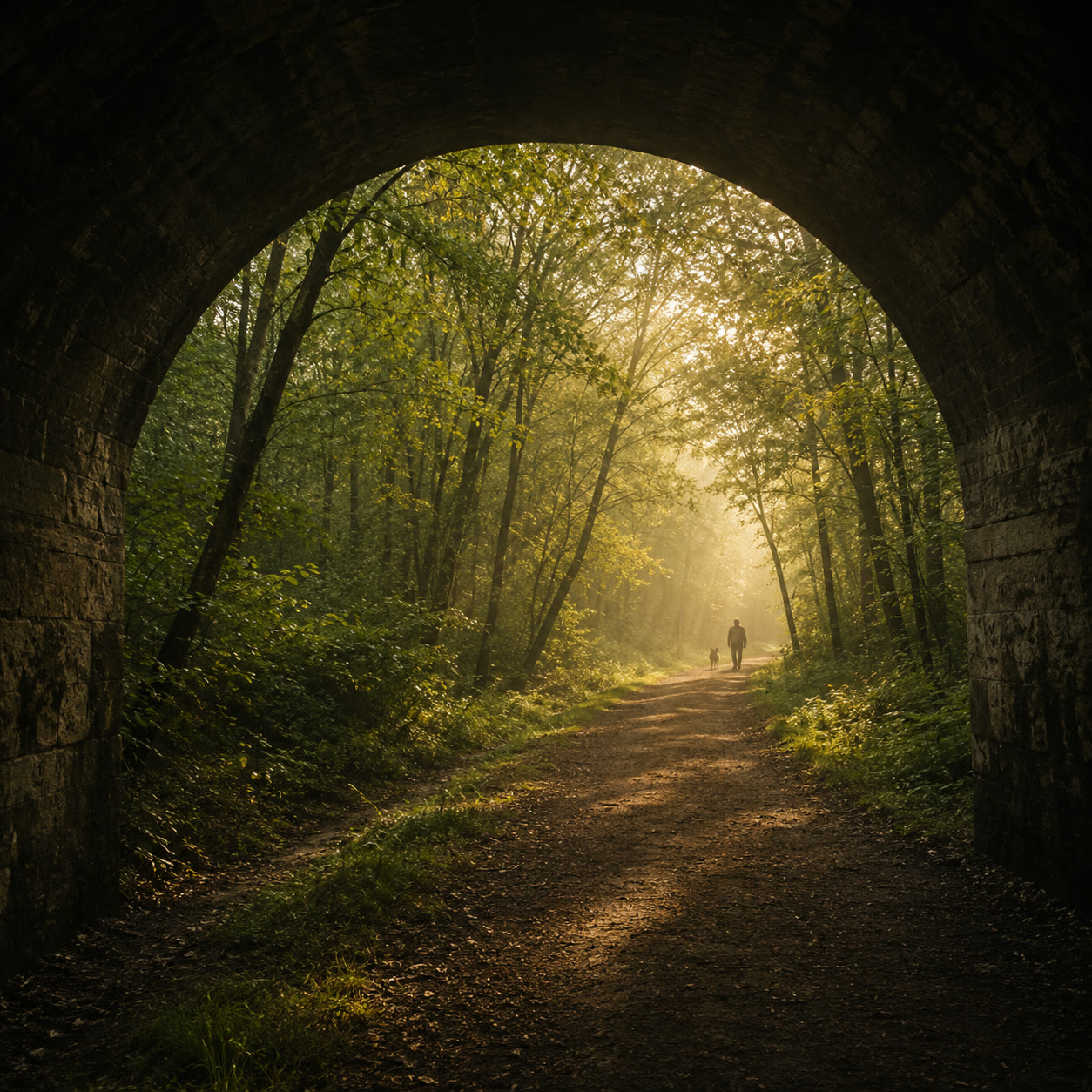 A symbolic wooded path beneath an archway with a figure walking toward light