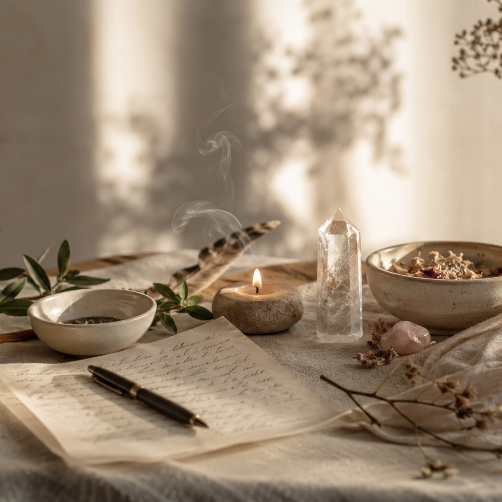 A warm personal ritual setting with candle, crystal, herbs, and handwritten notes